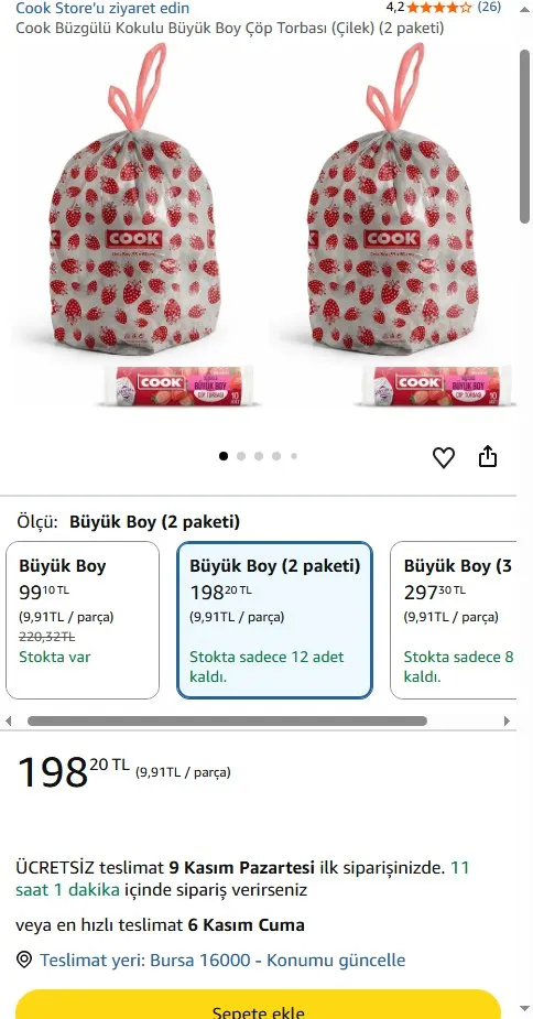 Cook Büzgülü Kokulu Büyük Boy Çöp Torbası (Çilek) (2 paketi)