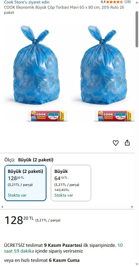 COOK Ekonomik Büyük Çöp Torbasi Mavi 65 x 80 cm, 20'li Rulo 2li paket