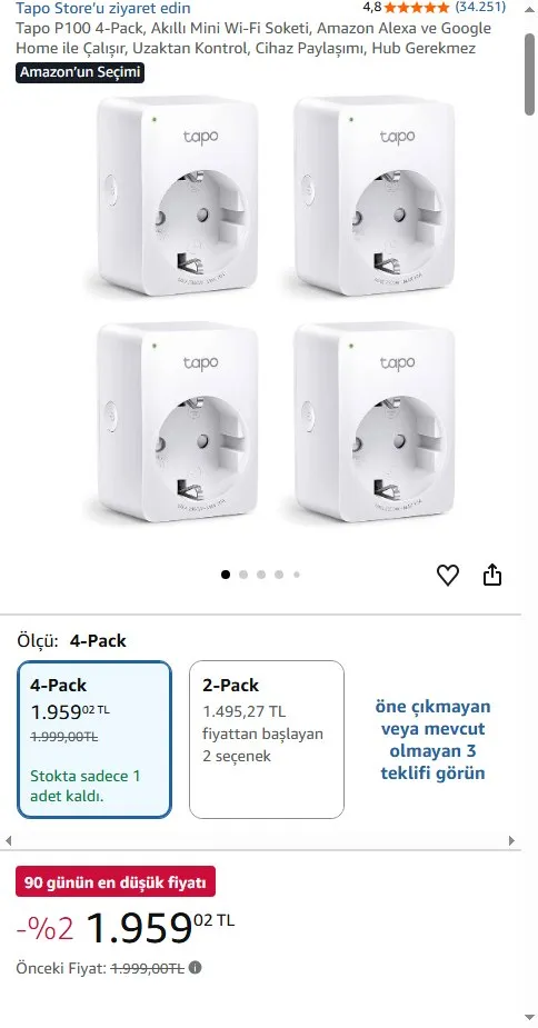 Tapo P100 4-Pack, Akıllı Mini Wi-Fi Soketi, Amazon Alexa ve Google Home ile Çalışır, Uzaktan Kontrol, Cihaz Paylaşımı, Hub Gerekmez
