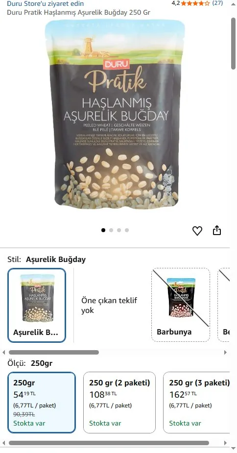 Duru Pratik Haşlanmış Aşurelik Buğday 250 Gr