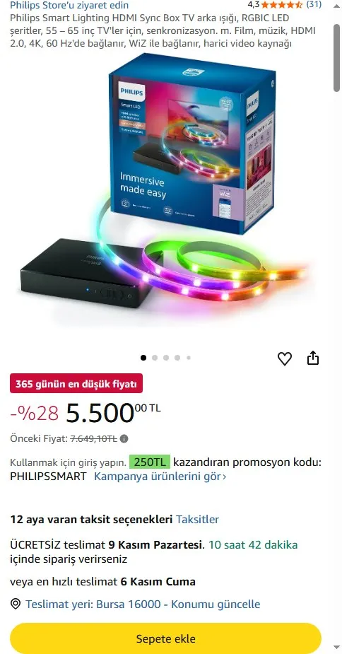Philips Smart Lighting HDMI Sync Box TV arka ışığı, RGBIC LED şeritler, 55 – 65 inç TV'ler için, senkronizasyon. m. Film, müzik, HDMI 2.0, 4K, 60 Hz'de bağlanır, WiZ ile bağlanır, harici video kaynağı