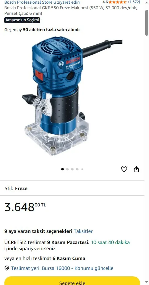 Bosch Professional GKF 550 Freze Makinesi (550 W, 33.000 dev/dak, Penset Çapı: 6 mm)
