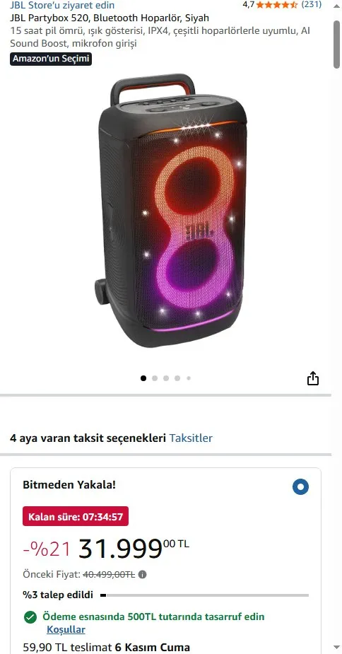 JBL Partybox 520, Bluetooth Hoparlör, Siyah