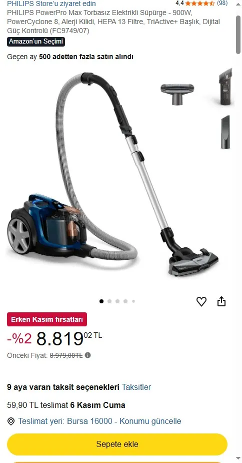 PHILIPS PowerPro Max Torbasız Elektrikli Süpürge - 900W, PowerCyclone 8, Alerji Kilidi, HEPA 13 Filtre, TriActive+ Başlık, Dijital Güç Kontrolü (FC9749/07)