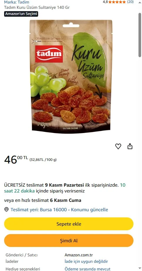 Tadım Kuru Üzüm Sultaniye 140 Gr