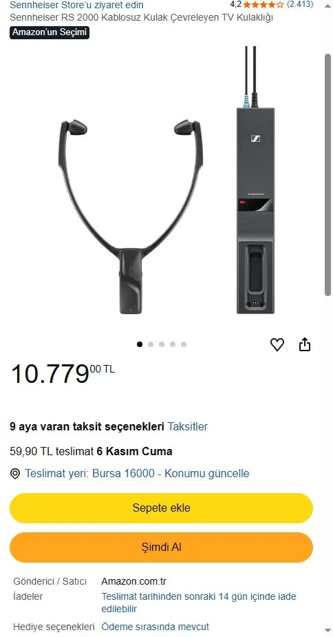 Sennheiser RS 2000 Kablosuz Kulak Çevreleyen TV Kulaklığı