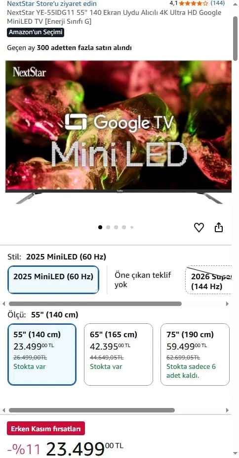 NextStar YE-55IDG11 55'' 140 Ekran Uydu Alıcılı 4K Ultra HD Google MiniLED TV [Enerji Sınıfı G]
