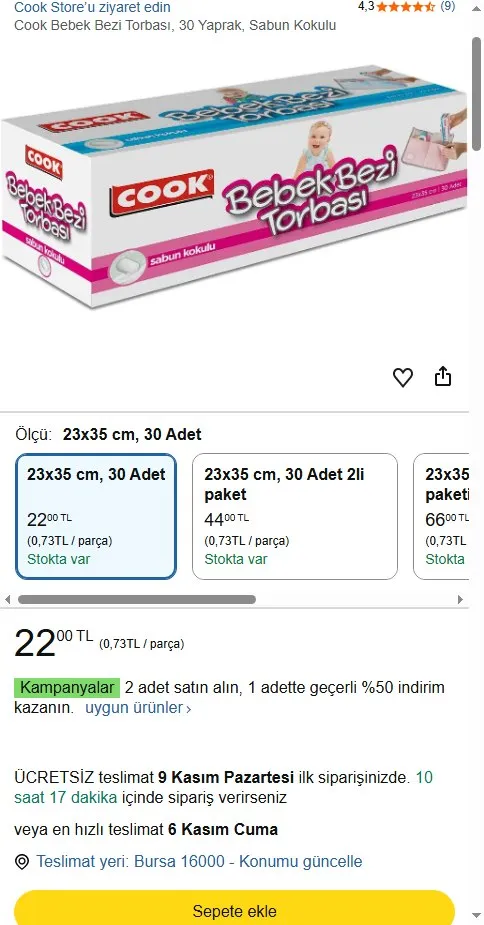 Cook Bebek Bezi Torbası, 30 Yaprak, Sabun Kokulu