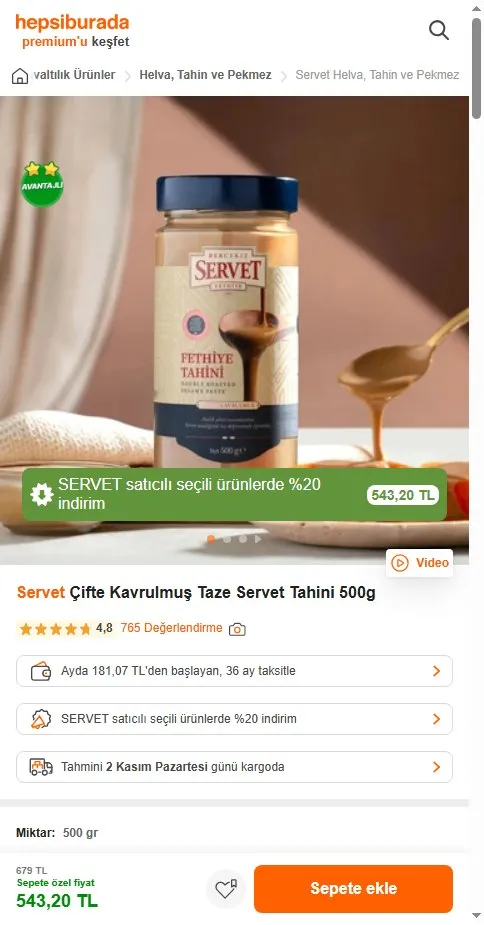 Servet Çifte Kavrulmuş Taze Servet Tahini 500g