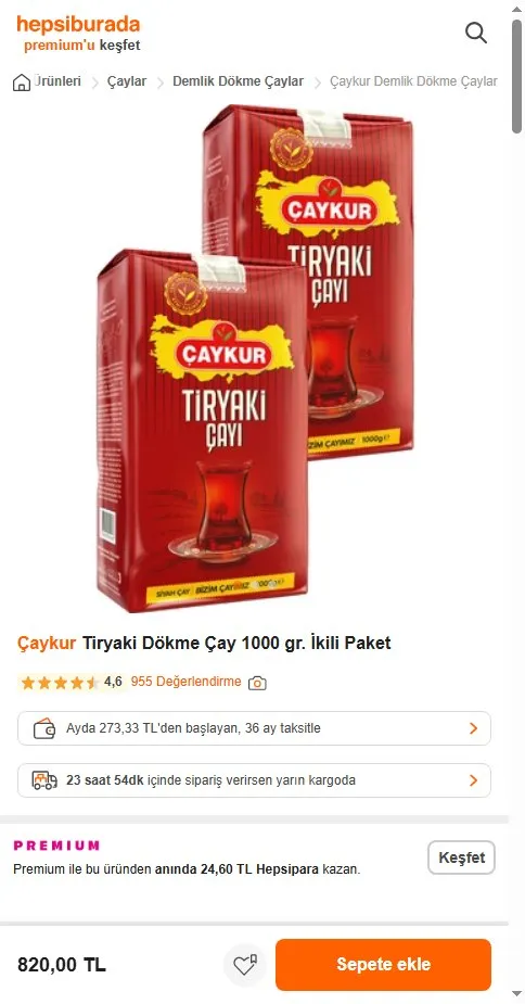 Çaykur Tiryaki Dökme Çay 1000 gr. İkili Paket