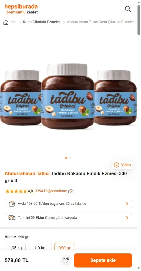 Abdurrahman Tatlıcı Tadıbu Kakaolu Fındık Ezmesi 330 gr x 3