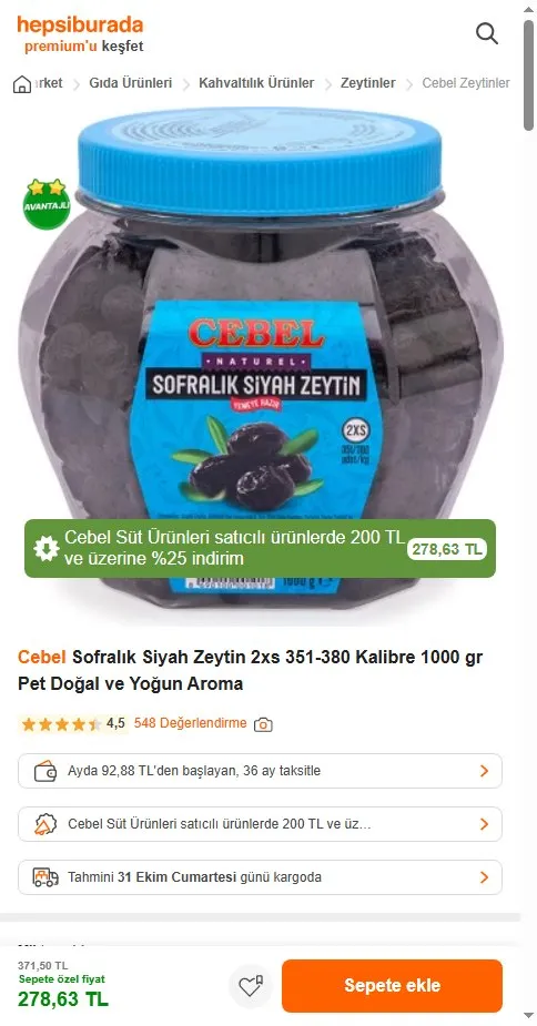 Cebel Sofralık Siyah Zeytin 2xs 351-380 Kalibre 1000 gr Pet Doğal ve Yoğun Aroma