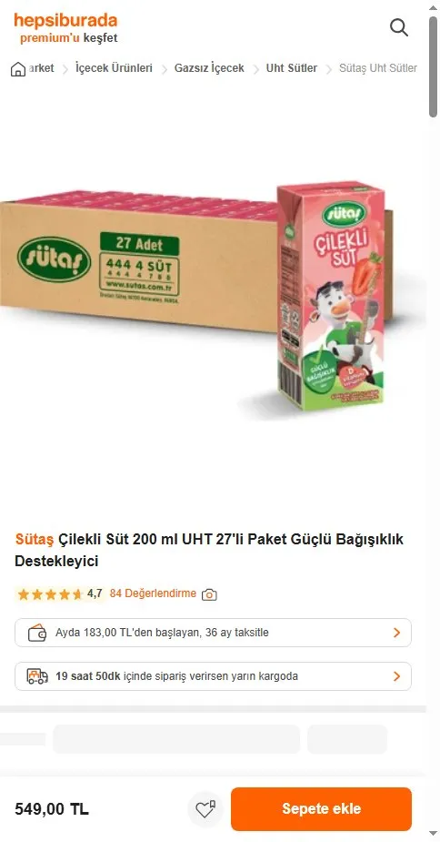 Sütaş Çilekli Süt 200 ml UHT 27'li Paket Güçlü Bağışıklık Destekleyici