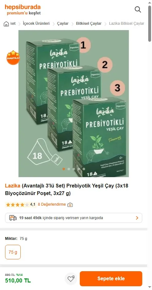 Lazika (Avantajlı 3'lü Set) Prebiyotik Yeşil Çay (3x18 Biyoçözünür Poşet, 3x27 g)