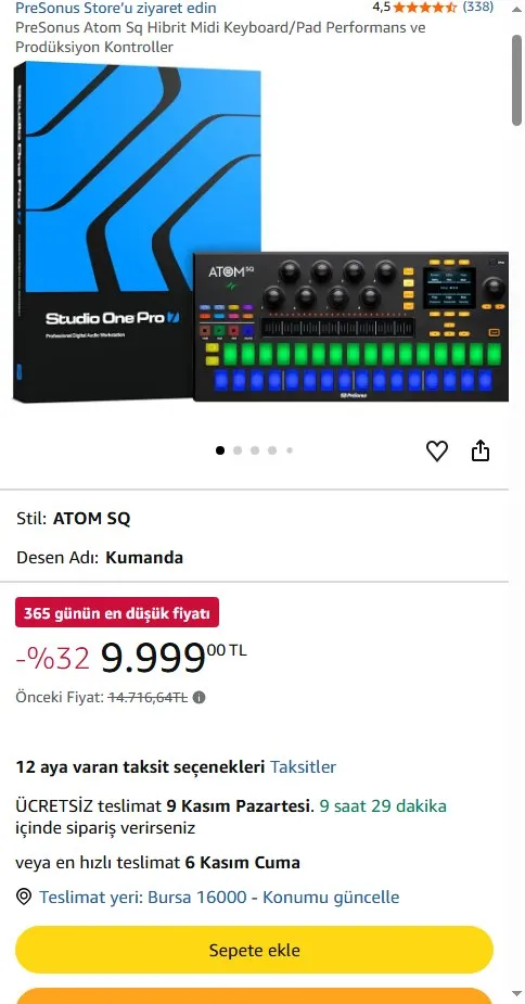 PreSonus Atom Sq Hibrit Midi Keyboard/Pad Performans ve Prodüksiyon Kontroller