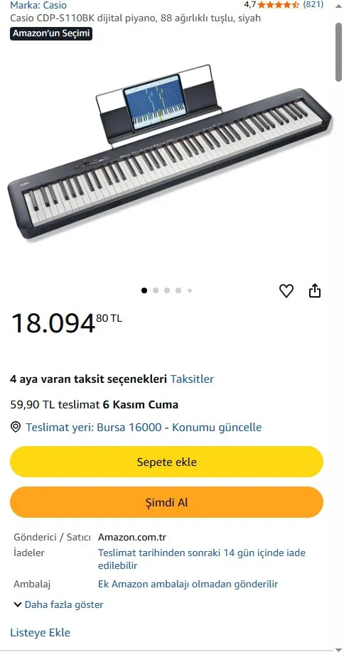 Casio CDP-S110BK dijital piyano, 88 ağırlıklı tuşlu, siyah