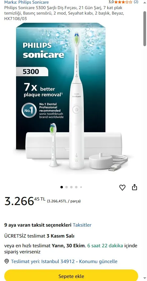 Philips Sonicare 5300 Şarjlı Diş Fırçası, 21 Gün Şarj, 7 kat plak temizliği, Basınç sensörü, 2 mod, Seyahat kabı, 2 başlık, Beyaz, HX7108/03