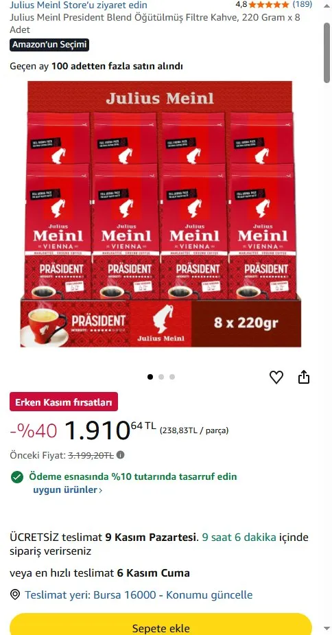 Julius Meinl President Blend Öğütülmüş Filtre Kahve, 220 Gram x 8 Adet