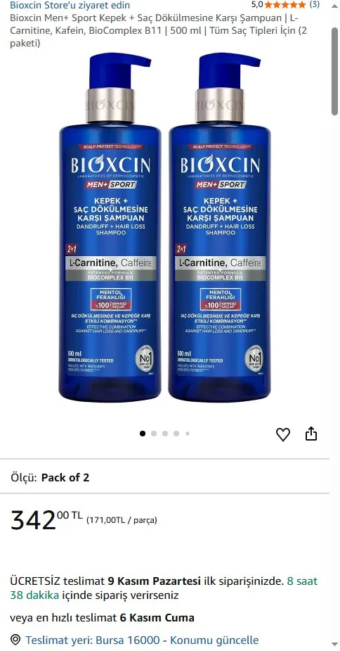 Bioxcin Men+ Sport Kepek + Saç Dökülmesine Karşı Şampuan | L-Carnitine, Kafein, BioComplex B11 | 500 ml | Tüm Saç Tipleri İçin (2 paketi)
