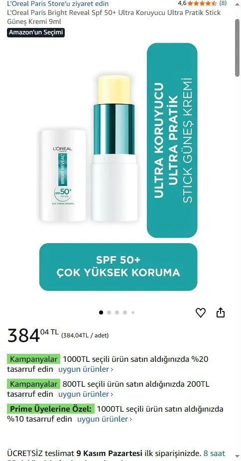 L'Oreal Paris Bright Reveal Spf 50+ Ultra Koruyucu Ultra Pratik Stick Güneş Kremi 9ml