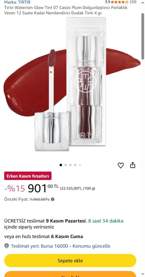 Tırtır Waterism Glow Tint 07 Cassis Plum Dolgunlaştırıcı Parlaklık Veren 12 Saate Kadar Nemlendirici Dudak Tinti 4 gr