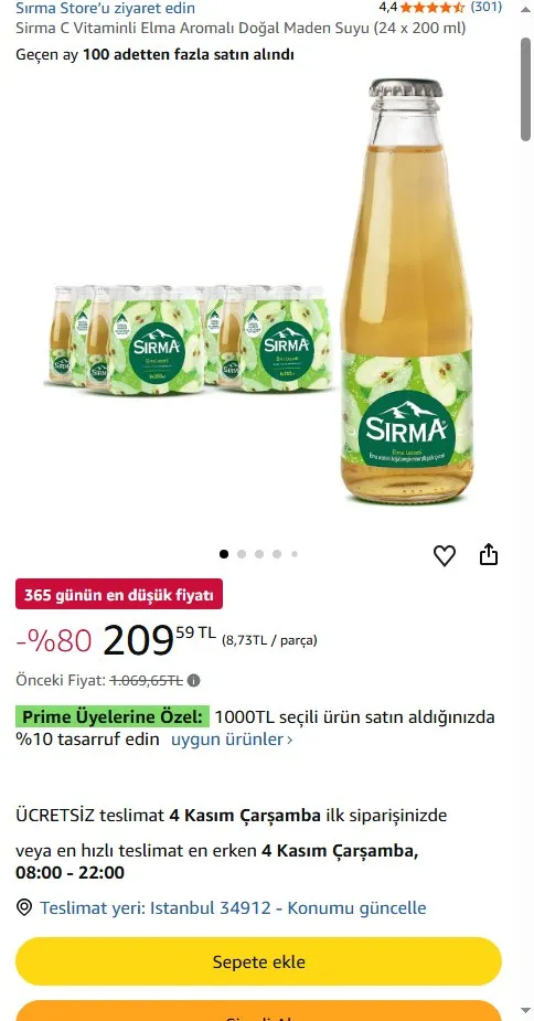 Sirma C Vitaminli Elma Aromalı Doğal Maden Suyu (24 x 200 ml)