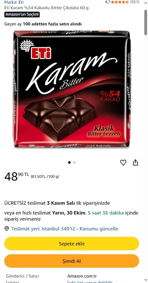 Eti Karam %54 Kakaolu Bitter Çikolata 60 g