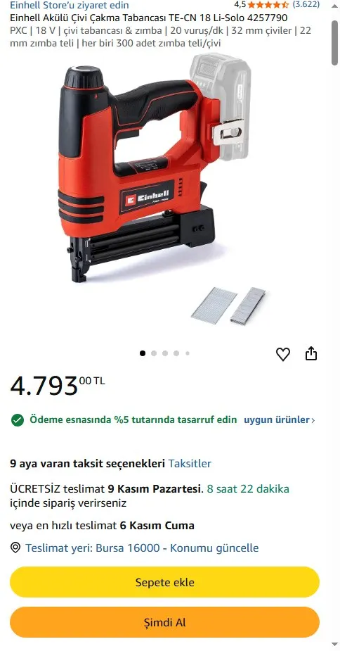 Einhell Akülü Çivi Çakma Tabancası TE-CN 18 Li-Solo 4257790