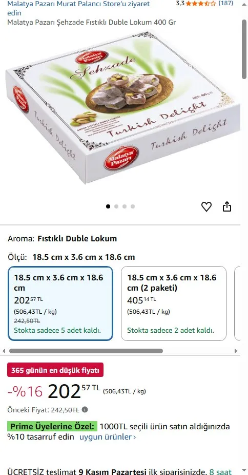 Malatya Pazarı Şehzade Fıstıklı Duble Lokum 400 Gr