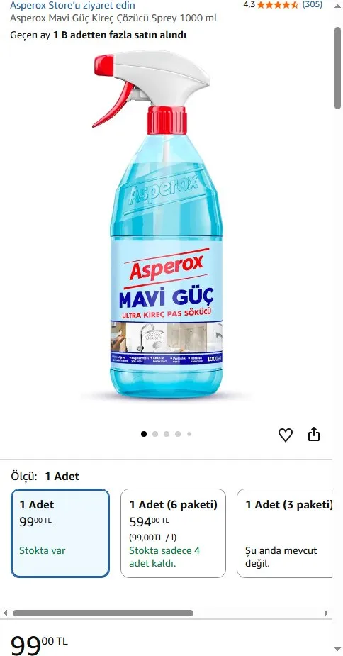 Asperox Mavi Güç Kireç Çözücü Sprey 1000 ml