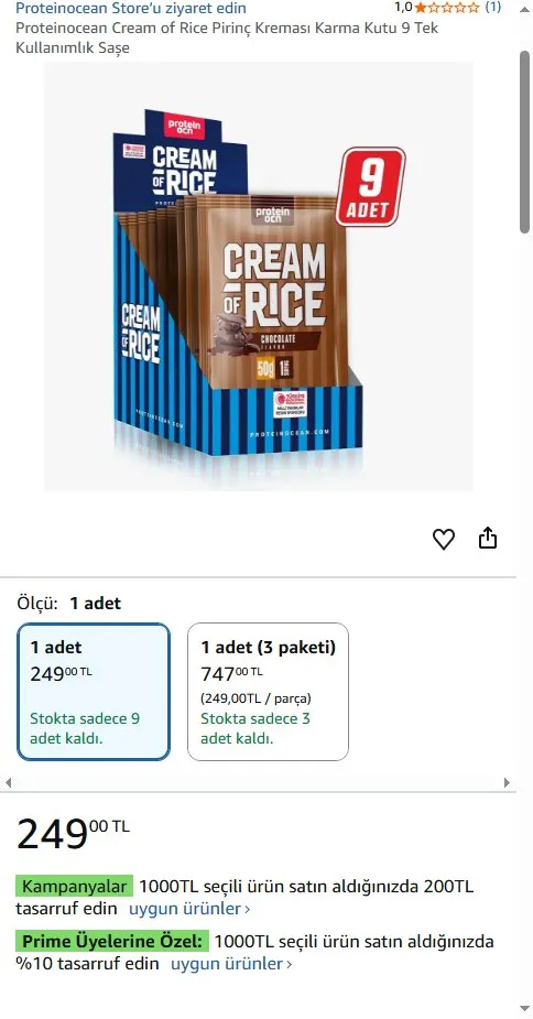 Proteinocean Cream of Rice Pirinç Kreması Karma Kutu 9 Tek Kullanımlık Saşe