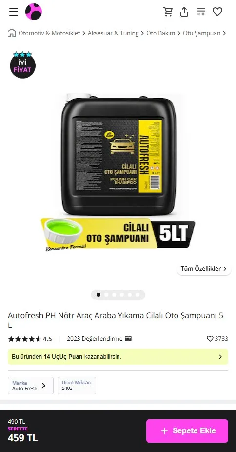 Autofresh PH Nötr Araç Araba Yıkama Cilalı Oto Şampuanı 5 L