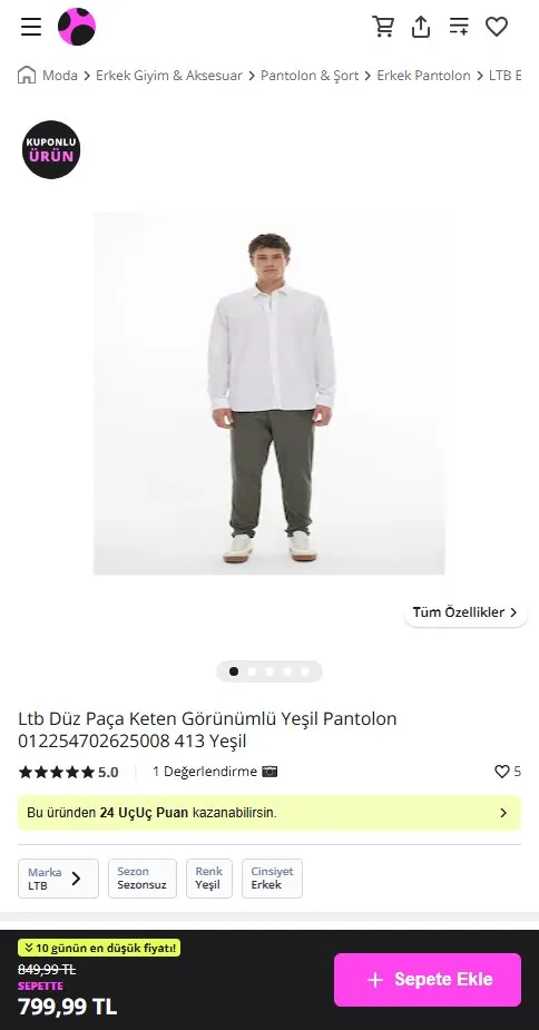 Ltb Düz Paça Keten Görünümlü Yeşil Pantolon 012254702625008 413 Yeşil