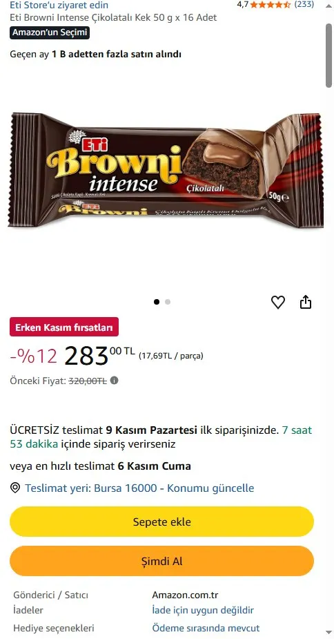 Eti Browni Intense Çikolatalı Kek 50 g x 16 Adet