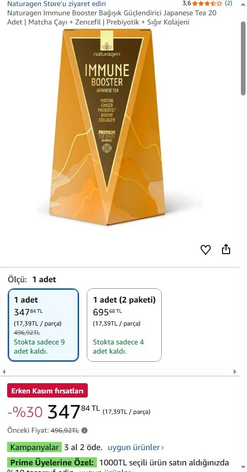 Naturagen Immune Booster Bağışık Güçlendirici Japanese Tea 20 Adet | Matcha Çayı + Zencefil | Prebiyotik + Sığır Kolajeni
