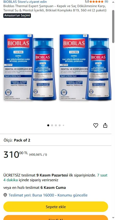 Bioblas Thermal Expert Şampuan – Kepek ve Saç Dökülmesine Karşı, Termal Su & Mentol İçerikli, Bitkisel Kompleks B19, 360 ml (2 paketi)