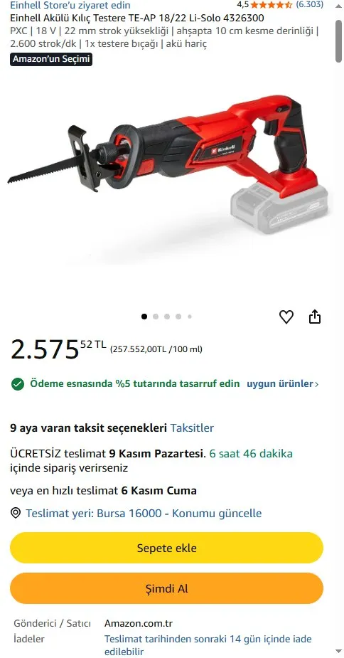 Einhell Akülü Kılıç Testere TE-AP 18/22 Li-Solo 4326300