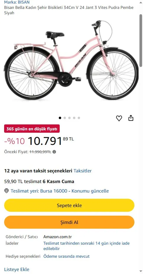 Bisan Bella Kadın Şehir Bisikleti 34Cm V 24 Jant 3 Vites Pudra Pembe Siyah