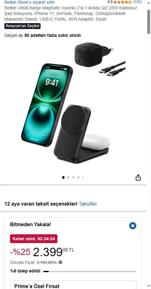 Belkin UltraCharge MagSafe Uyumlu 2’si 1 Arada Qi2 25W Kablosuz Şarj İstasyonu, iPhone 17, AirPods, Pixelsnap, Dönüştürülebilir Masaüstü Standı, USB-C Portlu, 45W Adaptör, Siyah