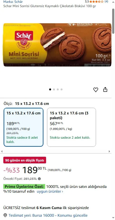 Schar Mini Sorrisi Glutensiz Kaymaklı Çikolatalı Bisküvi 100 gr