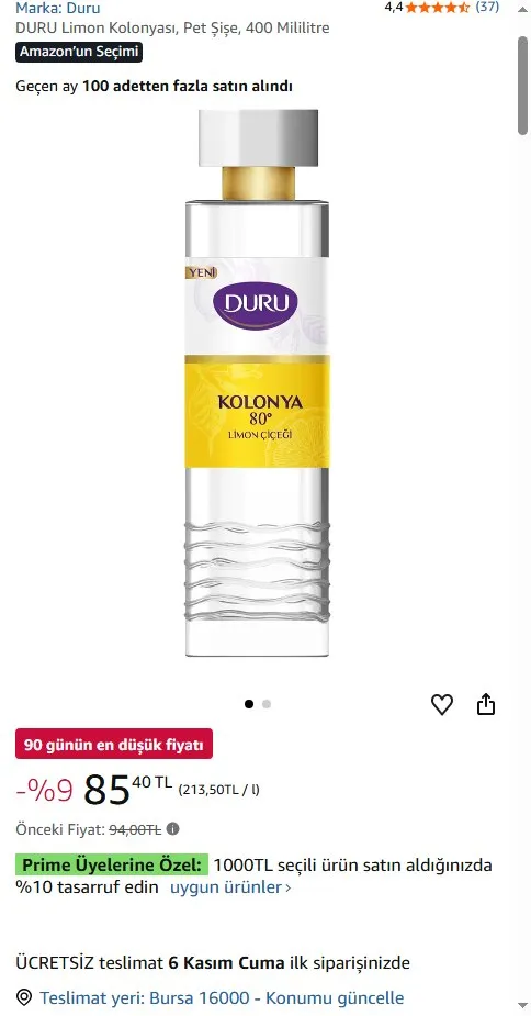 DURU Limon Kolonyası, Pet Şişe, 400 Mililitre