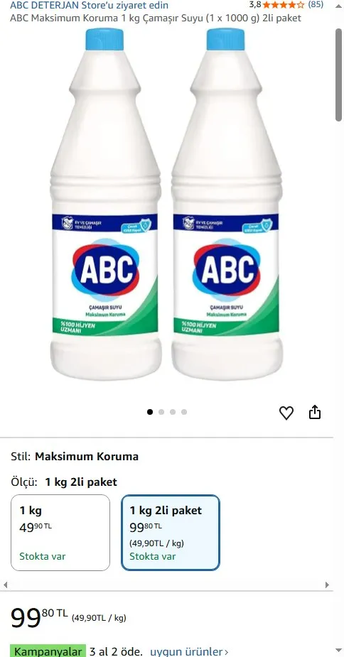ABC Maksimum Koruma 1 kg Çamaşır Suyu (1 x 1000 g) 2li paket