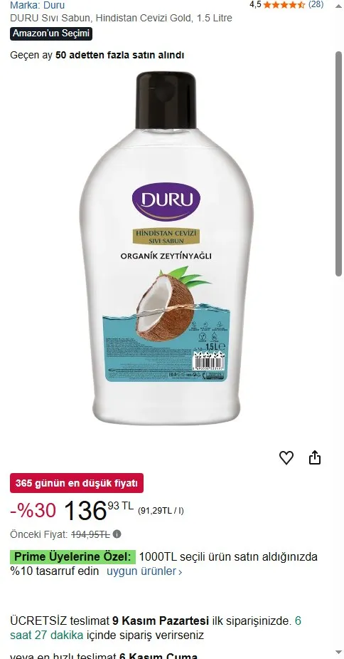 DURU Sıvı Sabun, Hindistan Cevizi Gold, 1.5 Litre