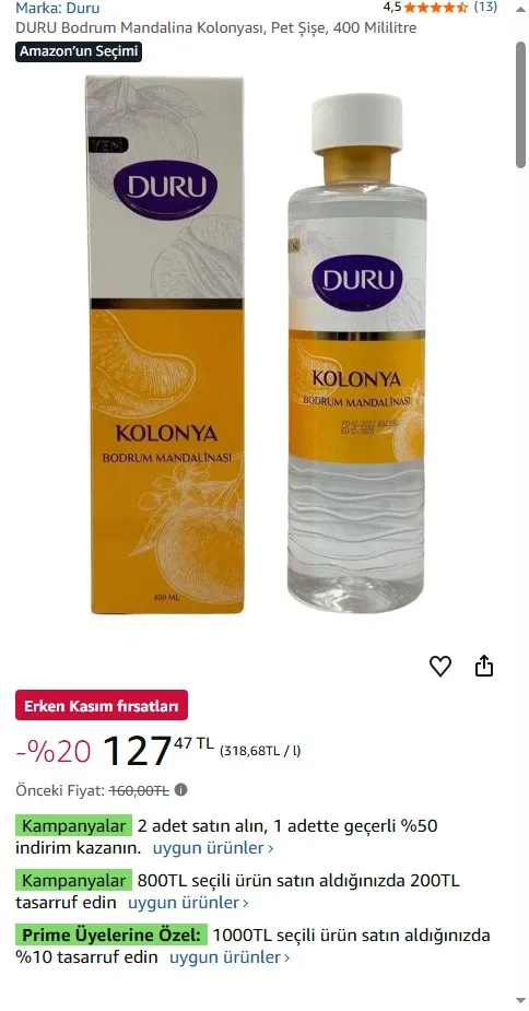 DURU Bodrum Mandalina Kolonyası, Pet Şişe, 400 Mililitre