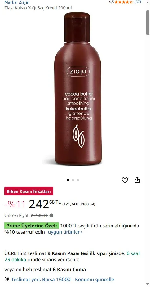 Ziaja Kakao Yağı Saç Kremi 200 ml
