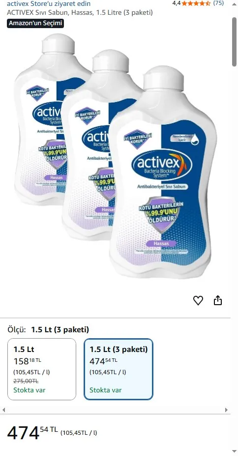 ACTIVEX Sıvı Sabun, Hassas, 1.5 Litre (3 paketi)