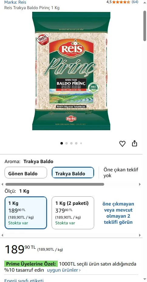 Reis Trakya Baldo Pirinç 1 Kg