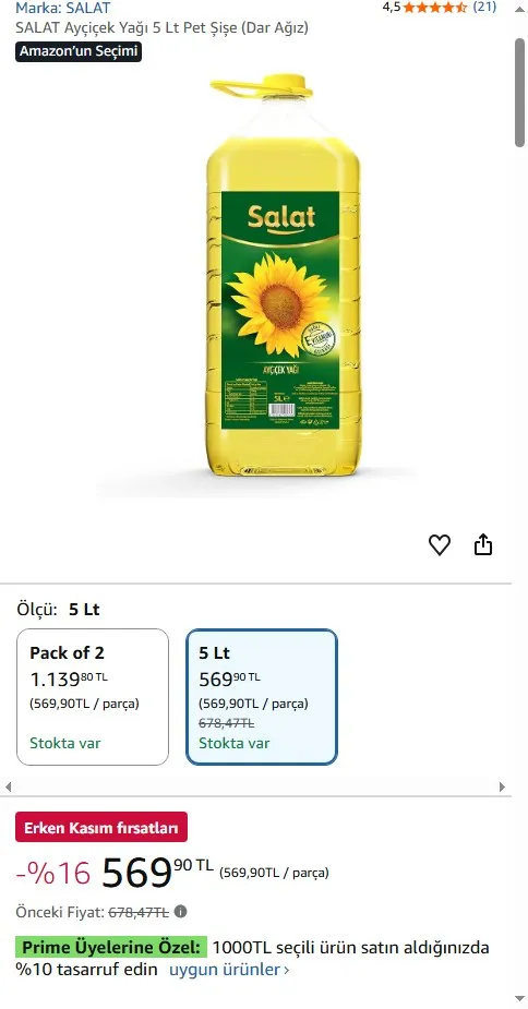 SALAT Ayçiçek Yağı 5 Lt Pet Şişe (Dar Ağız)