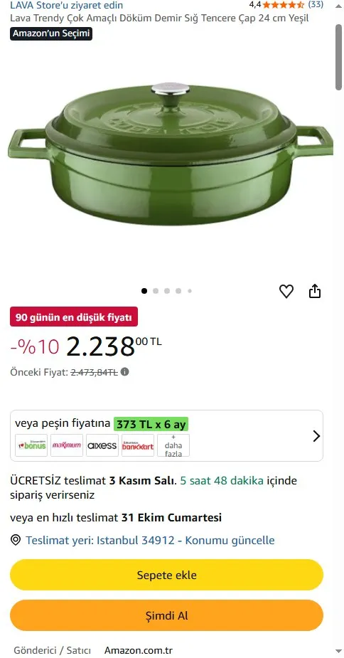Lava Trendy Çok Amaçlı Döküm Demir Sığ Tencere Çap 24 cm Yeşil