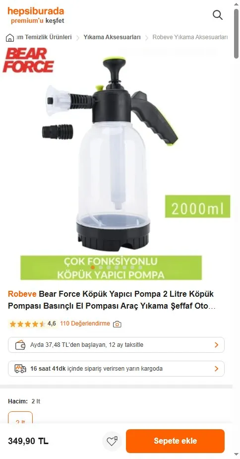Robeve Bear Force Köpük Yapıcı Pompa 2 Litre Köpük Pompası Basınçlı El Pompası Araç Yıkama Şeffaf Oto Bakım